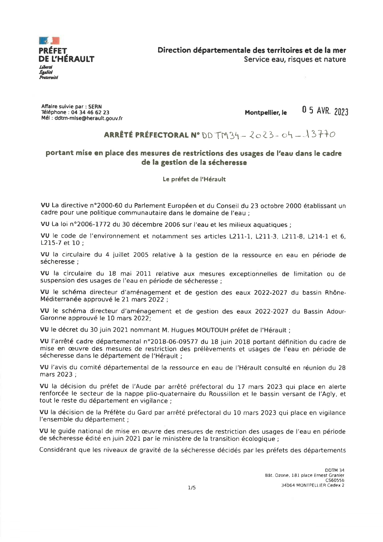 ARRETE PREFECTORAL - USAGE DE L'EAU DANS LE CADRE DE LA GESTION DE LA SECHERESSE